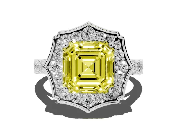 Fancy Yellow Asscher Cut Halo Diamond Engagement Ring with Milgrain Band and Four-Prong Setting Platinum