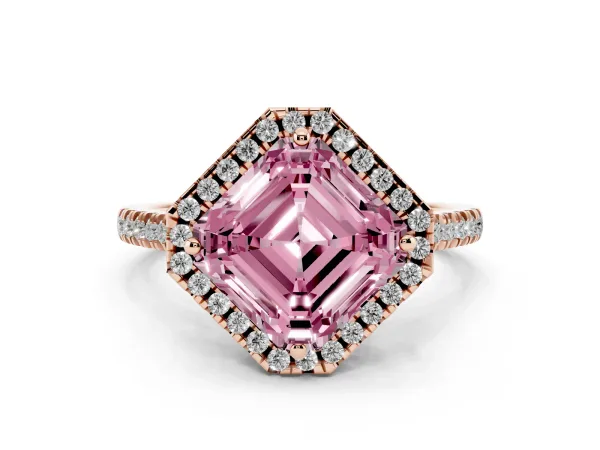 Fancy Pink Asscher Cut Diamond Cushion Halo Ring with Pavé Band Rose gold