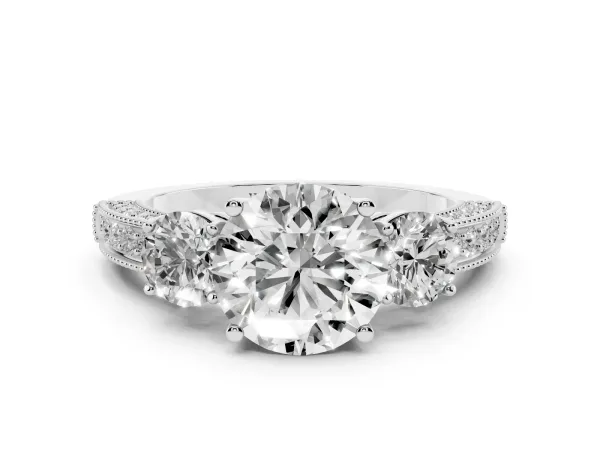 Round Cut Three-Stone Diamond Ring with Pavé Band and Four-Prong Setting Platinum