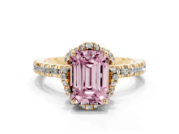 Fancy Pink Emerald Cut Halo Diamond Pave Band Ring with Four-Prong Setting Yellow gold