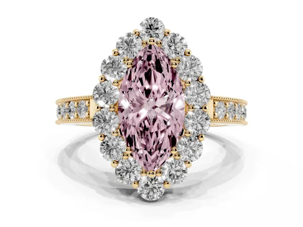 Fancy Pink Marquise Cut Cut Halo Diamond Pavé Engagement Ring with Milgrain Detailing Yellow gold