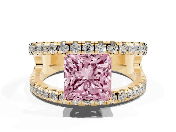 Fancy Pink Princess Cut Solitaire Split Shank Pave Diamond Ring Yellow gold