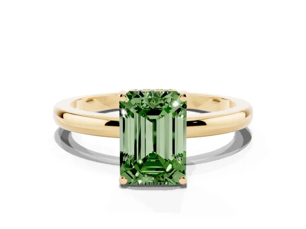 Fancy Green Emerald Cut Solitaire Diamond Ring with Prong Setting and Plain Band Yellow gold