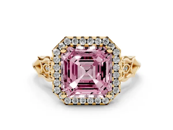 Fancy Pink Asscher Cut Halo Diamond Engagement Ring with Filigree Band and Four-Prong Setting Yellow gold