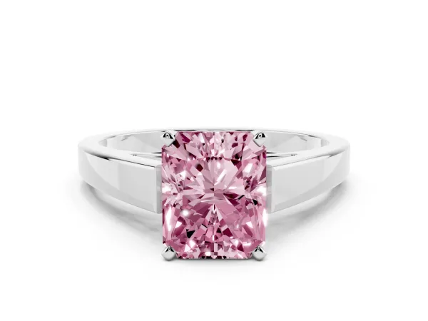 Fancy Pink Radiant Cut Solitaire Engagement Ring with Four-Prong Setting and Tapered Band White gold