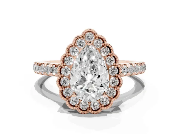 Pear Cut Cut Diamond Milgrain Floral Halo Engagement Ring with Pavé Band Rose gold