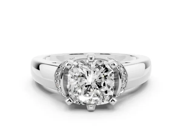 Cushion Cut Solitaire Diamond Ring with Pave Band and Six-Prong Setting Platinum