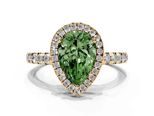 Fancy Green Pear Cut Diamond Halo Ring with Pavé Band and Four-Prong Setting Yellow gold