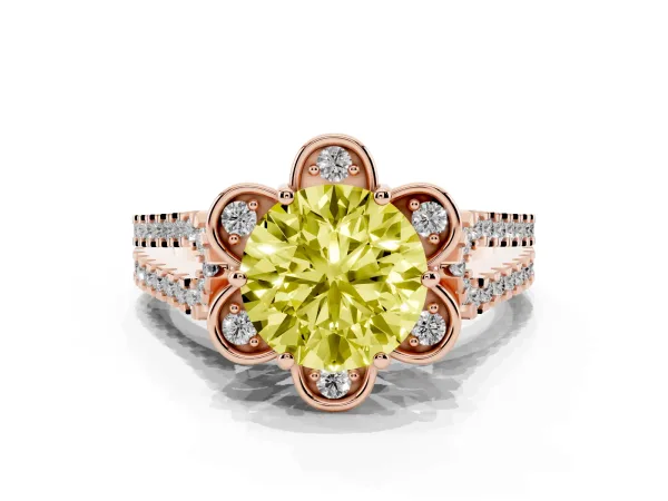 Fancy Yellow Round Cut Halo Diamond Floral Split Shank Engagement Ring Rose gold