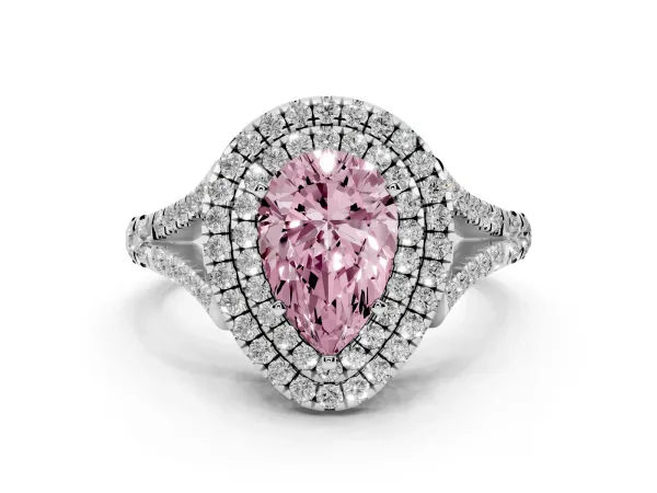 Fancy Pink Double Halo Pear Cut Diamond Split Shank Engagement Ring with Four-Prong Setting White gold