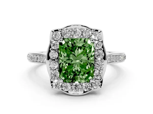 Fancy Green Radiant Cut Halo Round Diamond Pave Band with Four-Prong Setting White gold