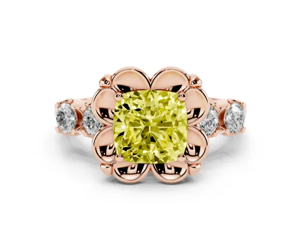 Fancy Yellow Cushion Cut Cut Diamond Floral Halo Engagement Ring with Shared Prong Setting Rose gold