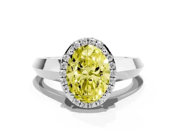 Fancy Yellow Oval Cut Halo Diamond Ring with Cathedral Band and Four-Prong Setting White gold
