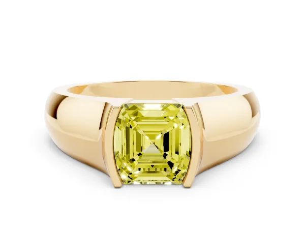 Fancy Yellow Asscher Cut Solitaire Bezel Set Diamond Ring with Wide Band Yellow gold