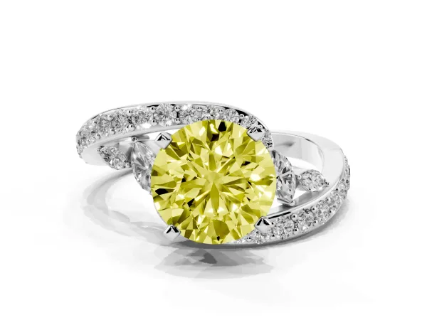 Fancy Yellow Round Cut Solitaire with Pavé Twist Band and Four-Prong Setting White gold