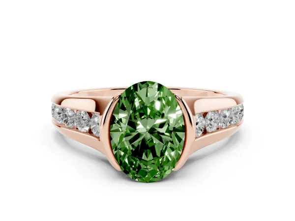 Fancy Green Oval Cut Solitaire Bezel-Set Diamond Ring with Channel-Set Band Rose gold