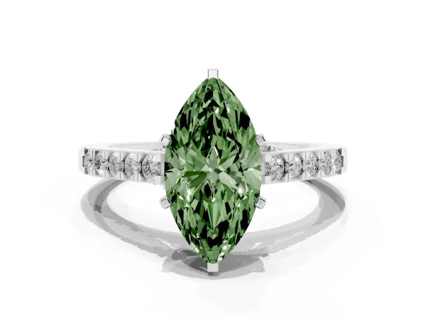 Fancy Green Marquise Cut Diamond Solitaire Ring with Crossover Gallery and Round Pavé Band White gold