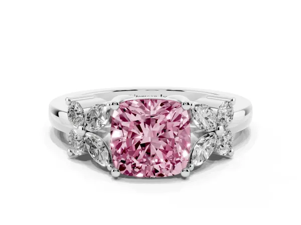 Fancy Pink Cushion Cut Diamond Floral Cluster Ring with Solitaire Band and Prong Setting Platinum