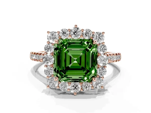 Fancy Green Asscher Cut Halo Diamond Ring with Pavé Band and Prong Setting Rose gold
