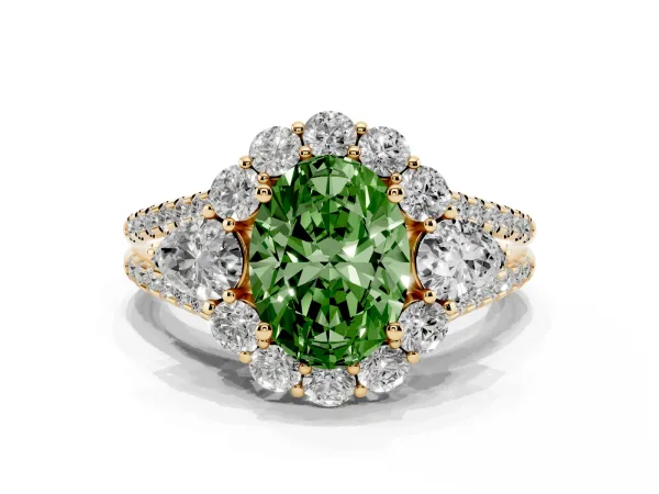 Fancy Green Oval Cut Halo Split Shank Diamond Engagement Ring with Prong Setting Yellow gold