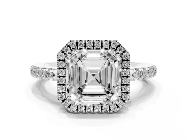 Asscher Cut Halo Diamond Engagement Ring with Pavé Band and Four-Prong Setting Platinum