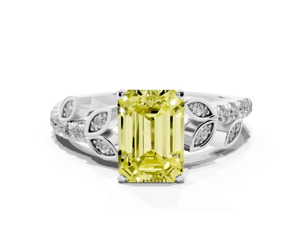 Fancy Yellow Emerald Cut Solitaire Leaf-Inspired Diamond Ring with Pavé Band and Four-Prong Setting White gold