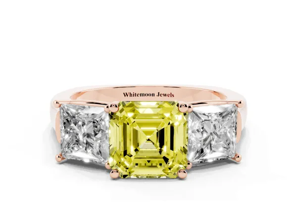 Fancy Yellow Three-Stone Asscher Cut Brilliant Diamond Trellis Ring with Comfort Fit Band Rose gold