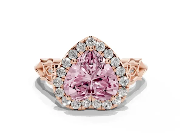 Fancy Pink Heart Cut Halo Diamond Engagement Ring with Filigree Band and Four-Prong Setting Rose gold