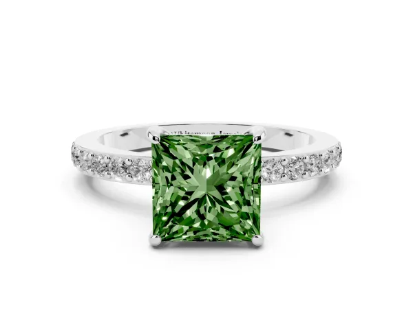 Fancy Green Princess Cut Diamond Pavé Engagement Ring with Round Accents and Prong Setting White gold