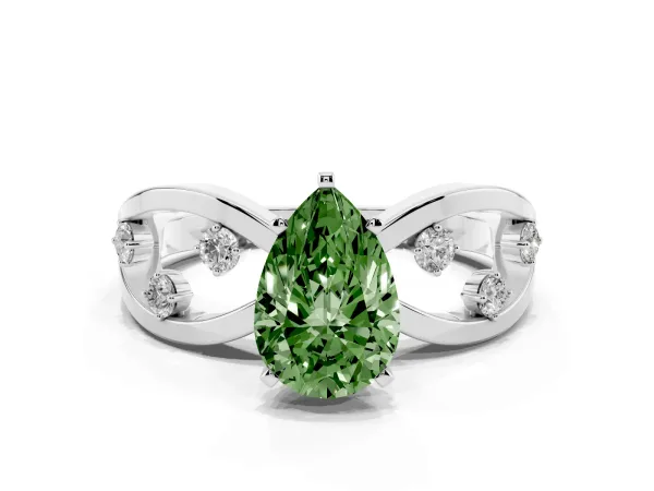 Fancy Green Pear Cut Cut Solitaire Diamond with Side Stones on Criss-Cross Band and Four-Prong Setting Platinum