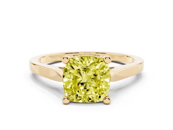 Fancy Yellow Cushion Cut Solitaire Diamond Ring with Four-Prong Setting and Tapered Band Yellow gold