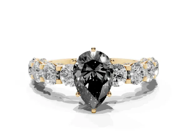 Fancy Black Pear Cut Diamond Side Stone Engagement Ring with Four-Prong Setting Yellow gold
