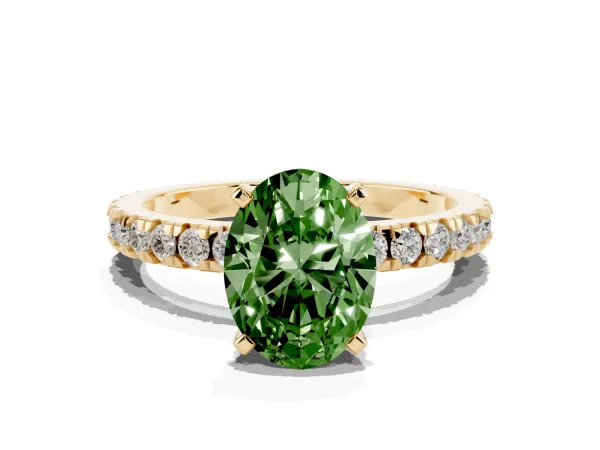 Fancy Green Oval Cut Diamond Pavé Band Solitaire with Four-Prong Setting Yellow gold
