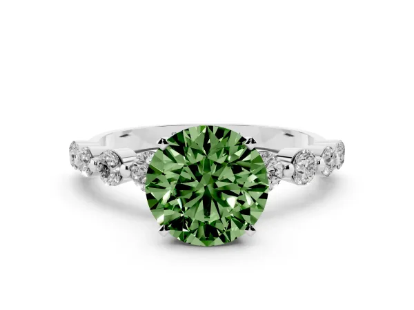 Fancy Green Round Cut Solitaire Diamond Ring with Pave Band and Four-Prong Setting White gold