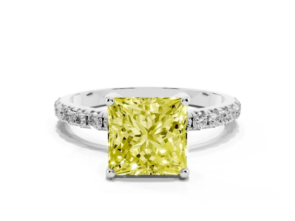 Fancy Yellow Princess Cut Cut Diamond Solitaire Ring with Micro Pave Band and Four Prong Setting Platinum