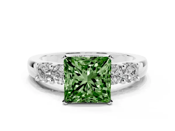 Fancy Green Princess Cut Brilliant Cut Diamond Five-Stone Prong Set Engagement Ring with Channel Band White gold