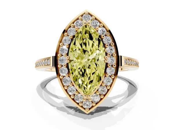 Fancy Yellow Marquise Cut Diamond Halo Ring with Split Shank and Four-Prong Setting Yellow gold