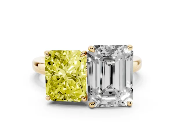 Fancy Yellow Radiant Cut and Emerald Cut Toi Moi Ring with Prong Setting Yellow gold
