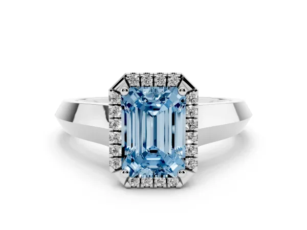 Fancy Blue Emerald Cut Halo Diamond Ring with Cathedral Band and Four-Prong Setting Platinum