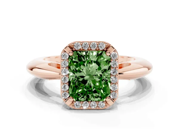 Fancy Green Radiant Cut Cut Diamond Halo Engagement Ring with Split Shank and Four-Prong Setting Rose gold