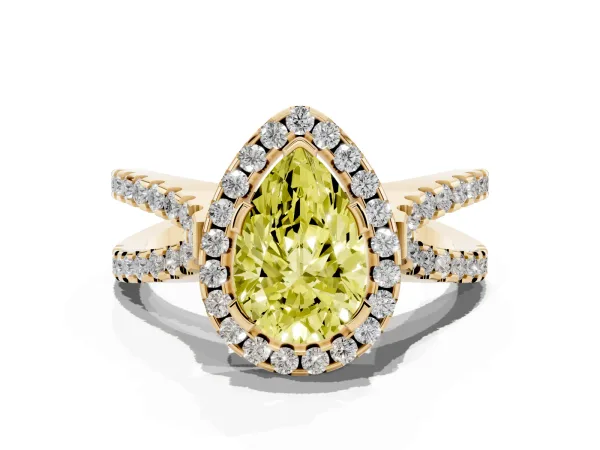 Fancy Yellow Pear Cut Diamond Halo Ring with Split Shank Pavé Band and Prong Setting Yellow gold