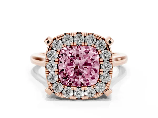 Fancy Pink Cushion Cut Diamond Cluster Halo Solitaire with Four-Prong Setting Rose gold