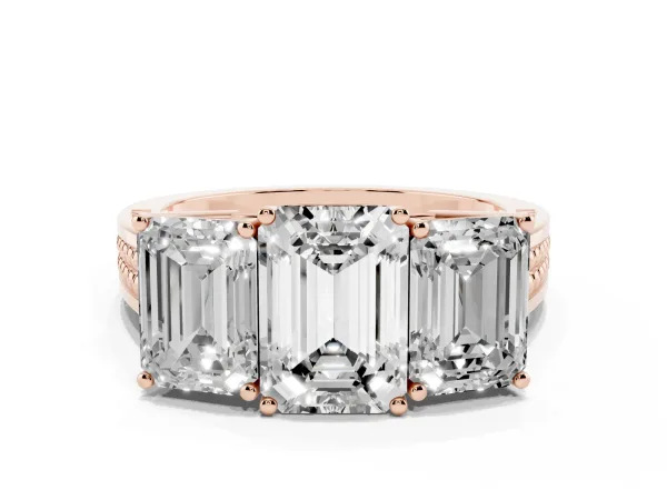Emerald Cut Diamond Three-Stone Ring with Prong Setting and Textured Band Rose gold