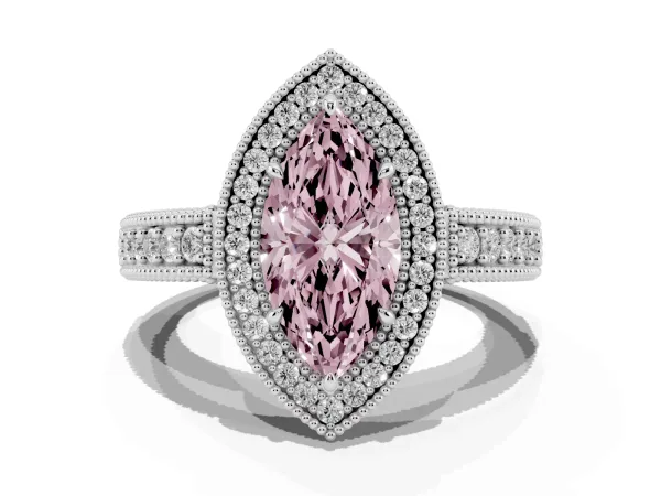 Fancy Pink Marquise Cut Cut Halo Diamond Ring with Pavé Band and Four-Prong Setting Platinum