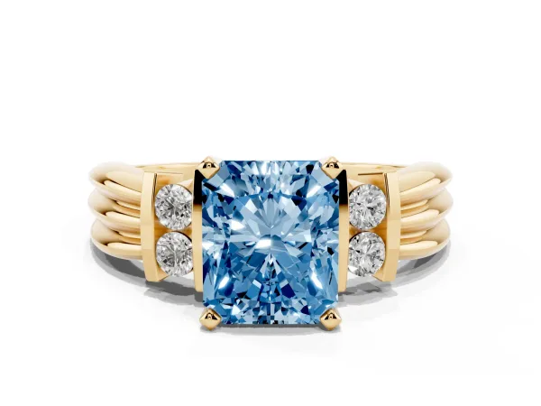 Fancy Blue Radiant Cut Cut Three-Stone Channel Set Ring with Bar Prongs Yellow gold