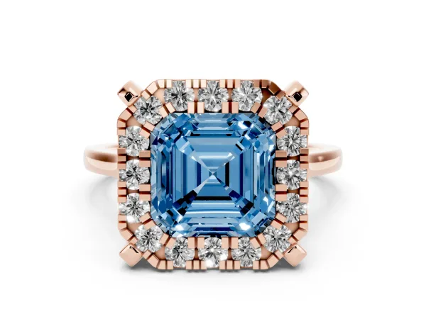 Fancy Blue Asscher Cut Diamond Cluster Halo Solitaire with Four-Prong Setting Rose gold