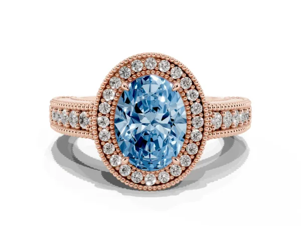 Fancy Blue Oval Cut Cut Halo Diamond Ring with Pavé Band and Four-Prong Setting Rose gold