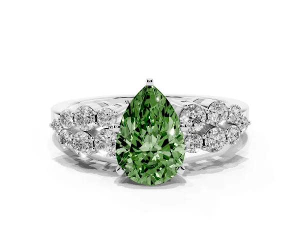 Fancy Green Pear Cut Cluster Diamond Engagement Ring with Pavé Band and Four-Prong Setting Platinum