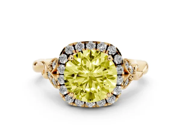 Fancy Yellow Round Cut Halo Diamond Engagement Ring with Vintage-Inspired Band and Four-Prong Setting Yellow gold