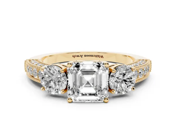 Asscher Cut Three-Stone Diamond Ring with Pavé Band and Four-Prong Setting Yellow gold